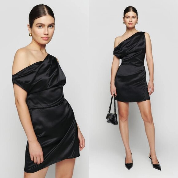 Reformation | Alanis 100& Silk Mini Off‎ the Shoulder Dress in Black - Picture 1 of 9